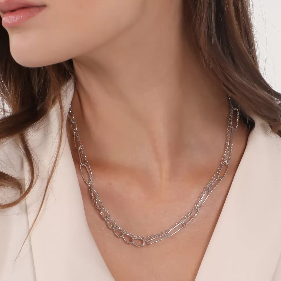 Folli Follie - Colgante Doble Cadena Plateada para Mujer | Diseño Moderno con Dos Cadenas Cortas, Estilo Adictivo y Brillante Acero Inoxidable