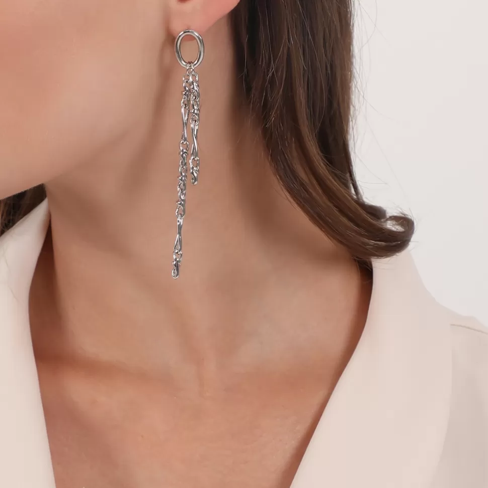 Aretes Folli Follie en Plata con Diseño Asimétrico de Doble Cadena - Elegancia Adictiva para Mujer