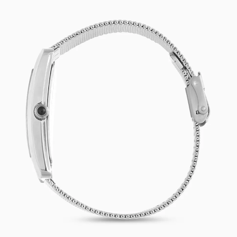 Elegante juego Folli Follie para mujer: Brazalete con detalles brillantes + Reloj de acero con correa tejida