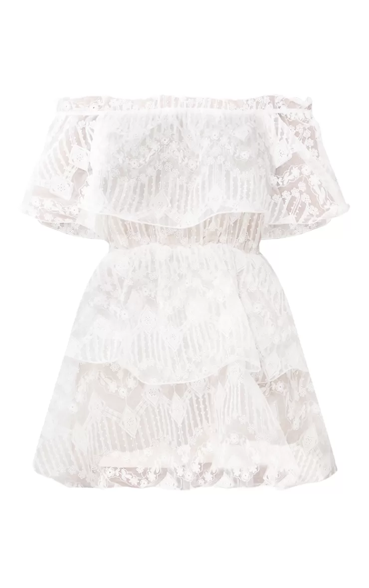 PrettyLittleThing  Lace Bardot Ruffle Tiered Dress< Honeymoon Outfits