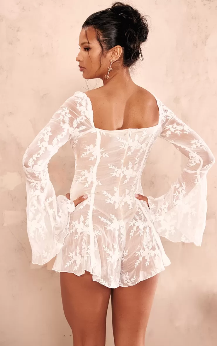 PrettyLittleThing  Lace Binding Detail Flare Sleeve Romper< Honeymoon Outfits