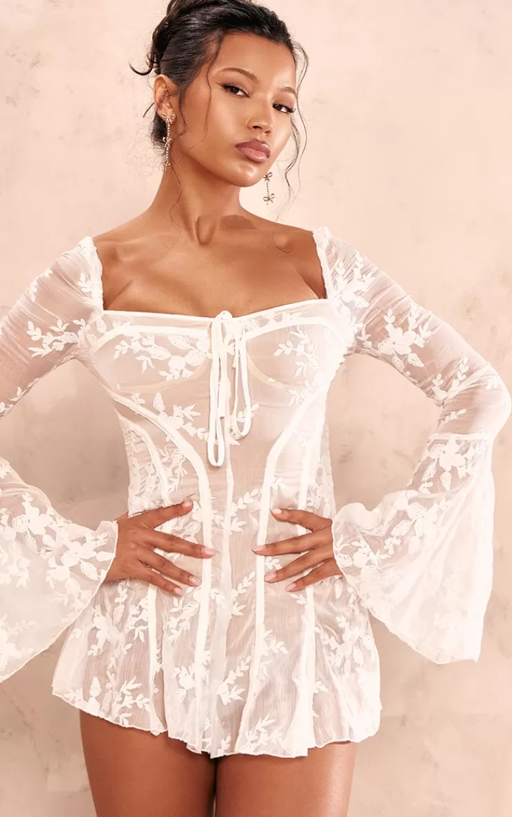 PrettyLittleThing  Lace Binding Detail Flare Sleeve Romper< Honeymoon Outfits