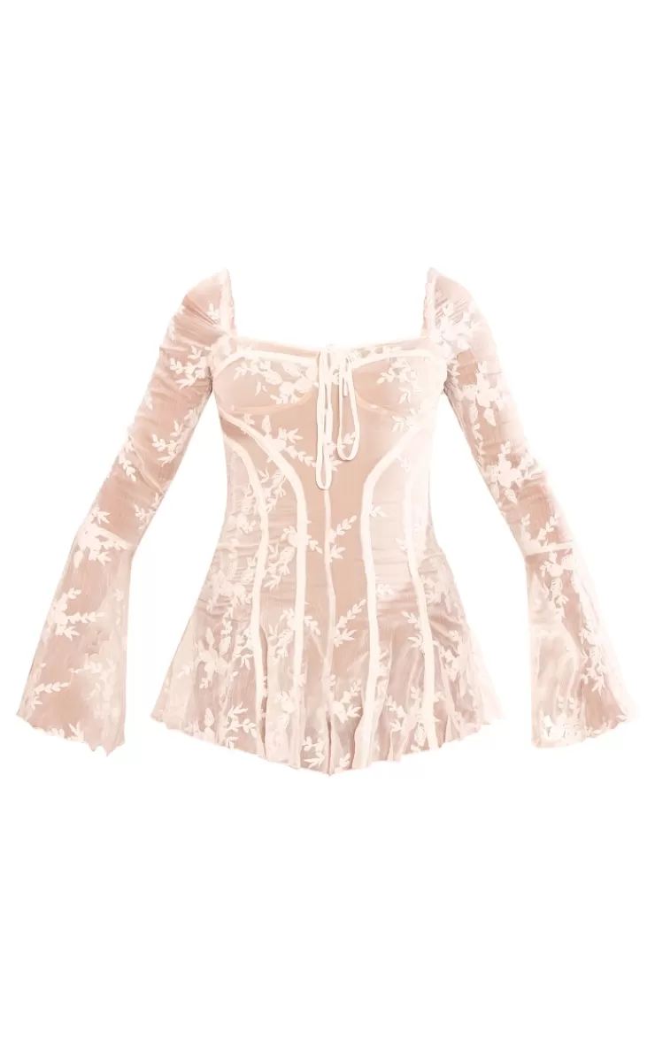 PrettyLittleThing  Lace Binding Detail Flare Sleeve Romper< Honeymoon Outfits