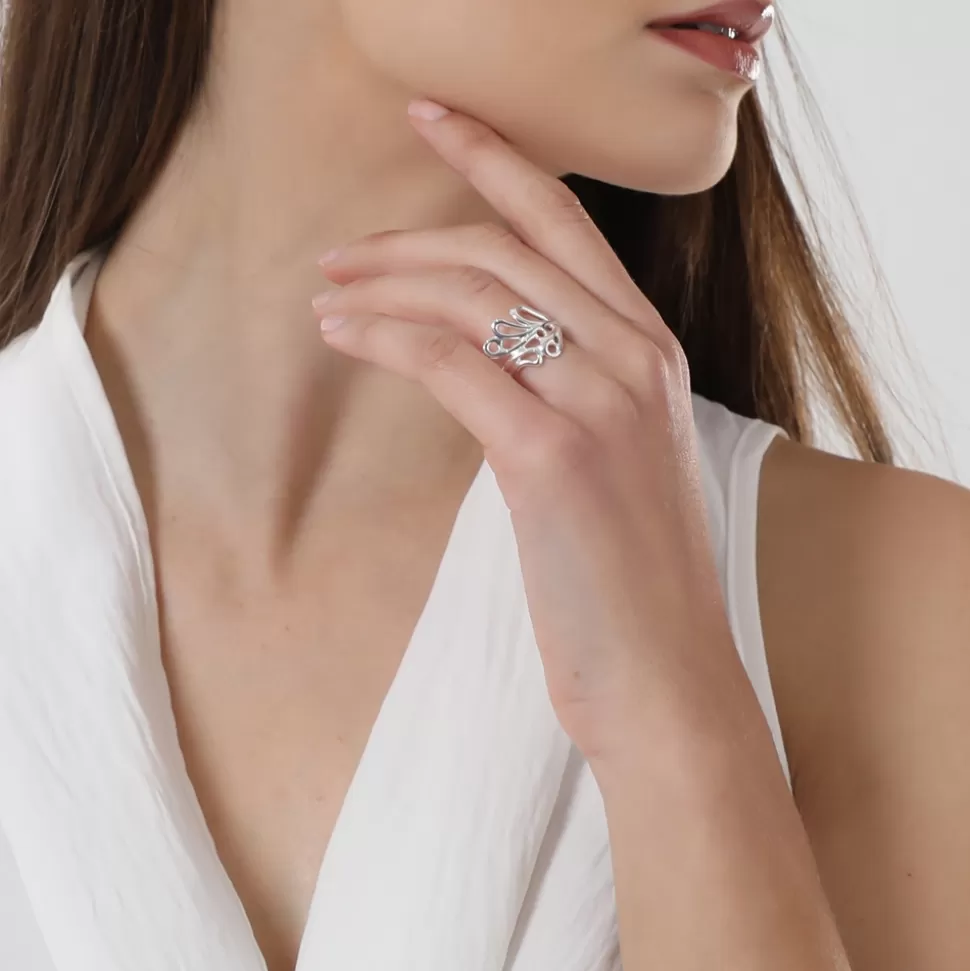 Anillo de Plata con Alas Espirituales Folli Follie - Detalles Elegantes en Forma de Plumas para Mujer